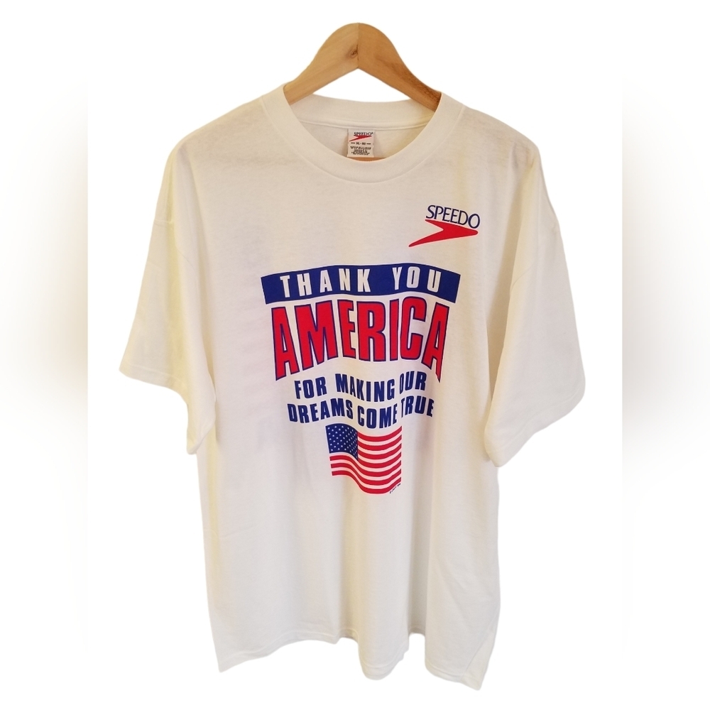 Vintage 1996 Speedo Olympics Graphic Short Sleeve Tshirt Thank you America XL